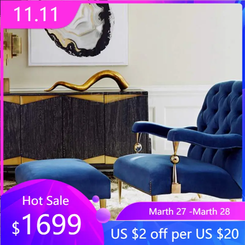 

Nordic fashion lounge chair single light luxury metal modern bedroom flannel sofa chair pedal combination comfortable recliner