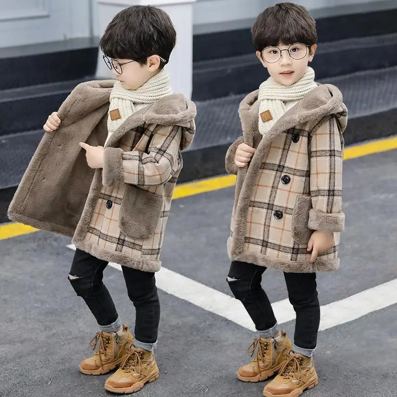 

4-12Y Boy Woolen Coat Children's Jacket 2023 New Fashion Hooded Casual Thick Plush Cotton Winter Coat for Boys High Quality E844