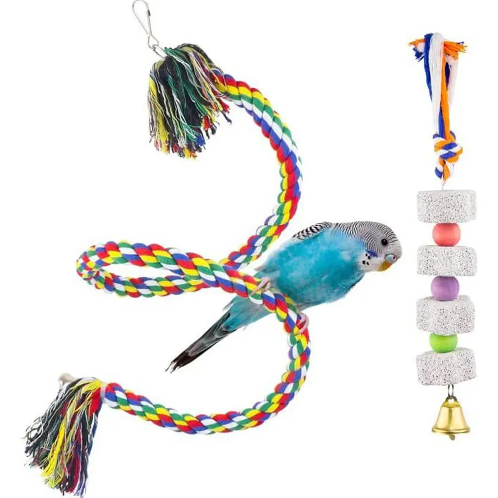 

Хлопковая веревка для птиц, попугаев, окуня, игрушки, птичий клюв, набор шлифовальных камней с колокольчиками, аксессуары для птичьей клетки