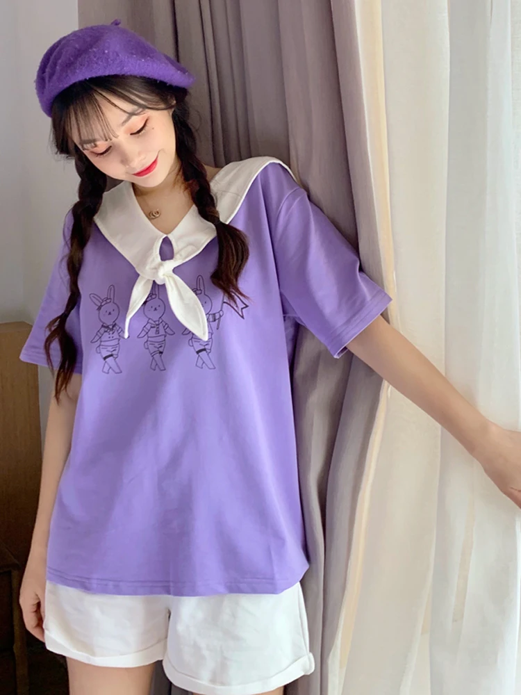 

2022 New Casual Short Sleeve Navy Collar Women T-shirt Korean Fashion Loose Tee Summer Sweet Bunny Cartoon Printed Soft Top