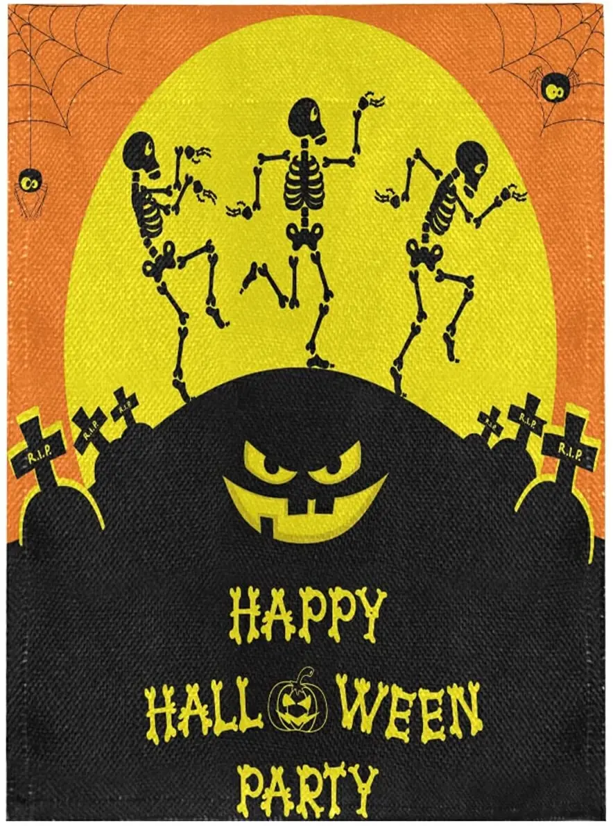 

Halloween with Skeletons Pumpkin Burlap Garden Flag Double Sided,House Yard Flags,Holiday Seasonal Outdoor Decorative Flag Banne