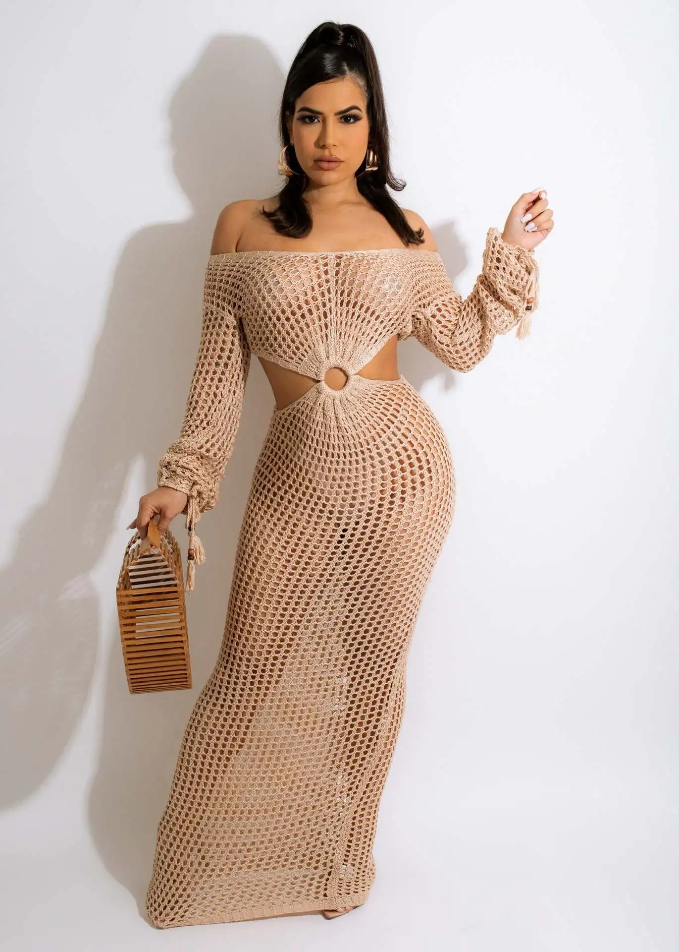 

2023 Summer Hollow Out Maxi Dress Sexy Club Party Dresses for Women with Crochet Mesh Design, Beach Vacation Outfits