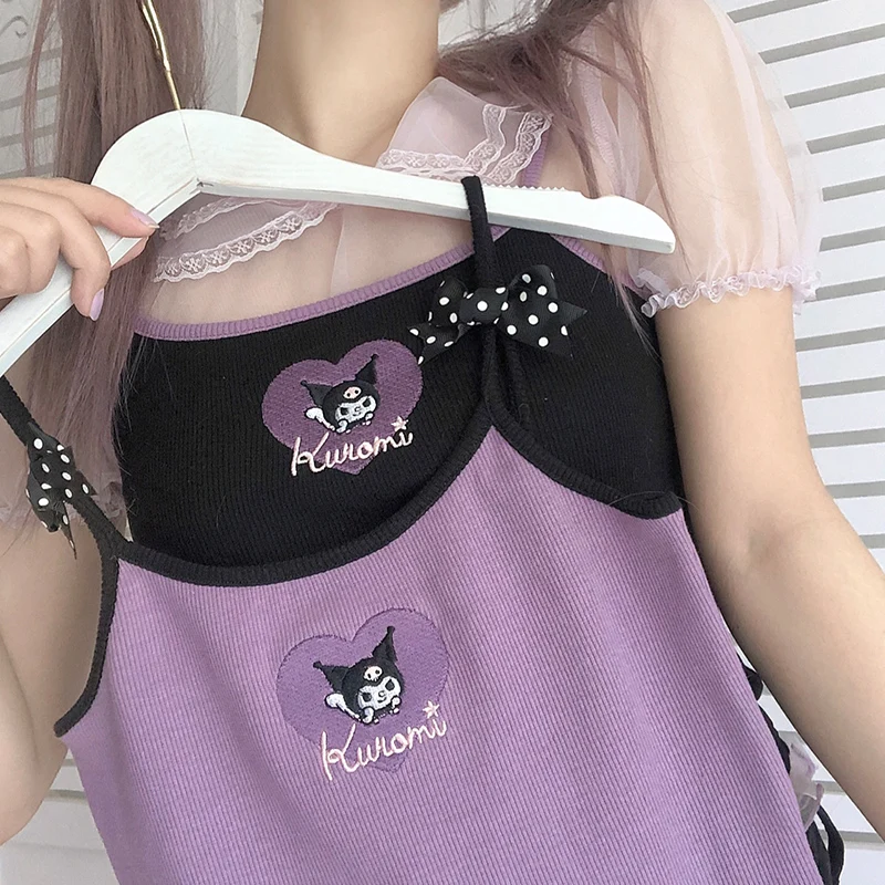 

Kawaii Sanrio Vest Multicolor Cartoon Melody Kuromi Embroidered Suspenders Summer Girl Short Knitted Elastic Cute Inner Wear