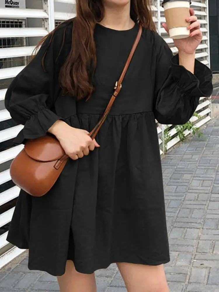 

2022 Autumn Sexy Mini Dress VONDA Women Casual O Neck Long Lantern Sleeve Solid Party Dresses Loose Holiday Elegant Sundress