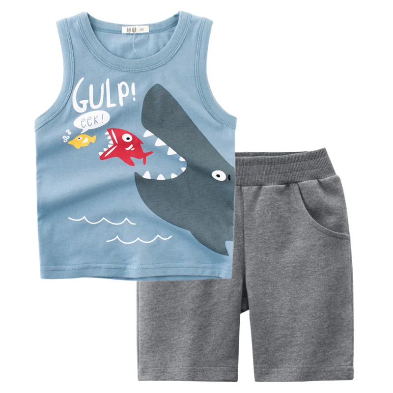 

2023 Summer Boys Vest Sets Children's Clothing Boy Sleeveless Sling Cartoon Top + Solid Shorts 2PCS Kids Outfit Dropshipping