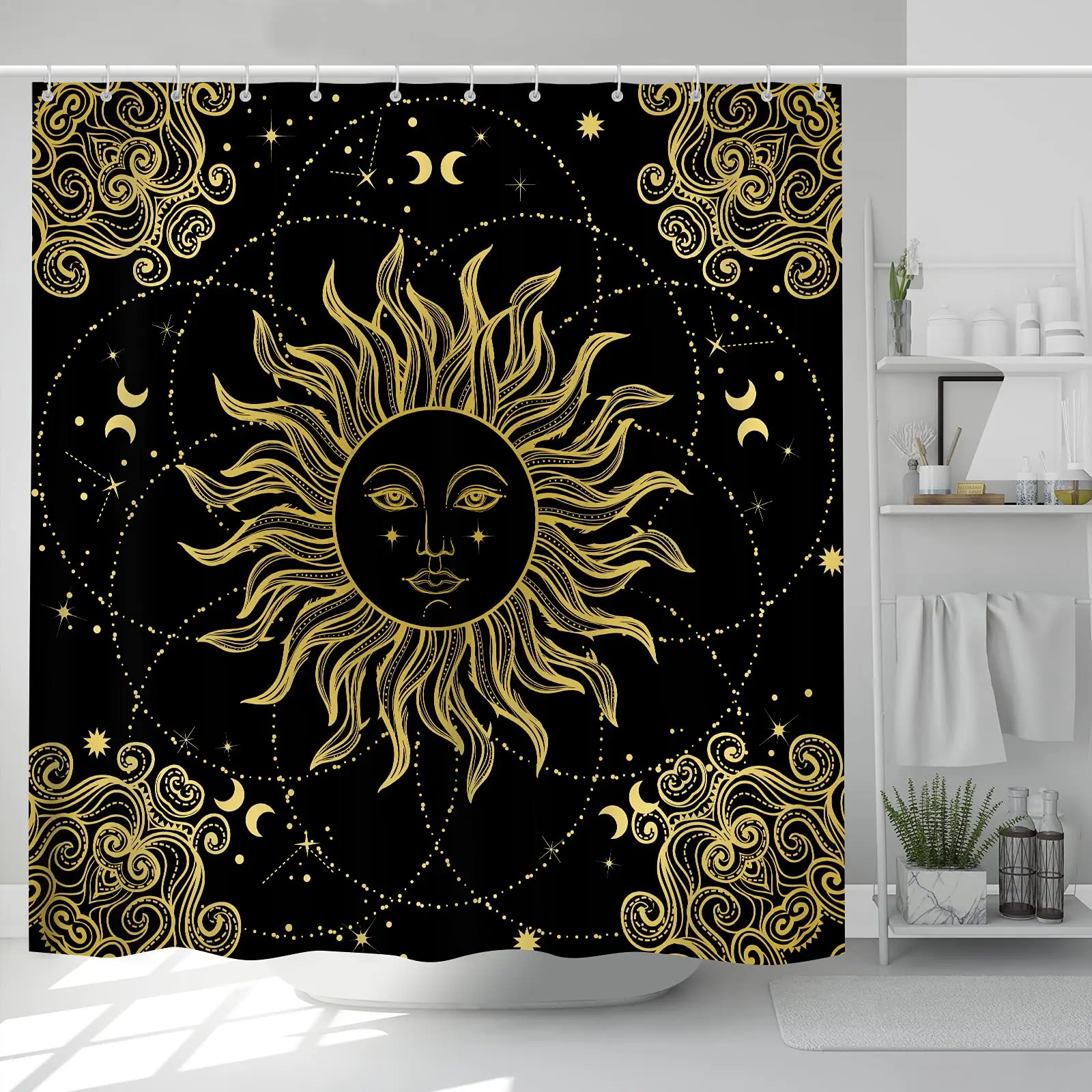 

Sun and Moon Shower Curtain Psychedelic Mystic Mandala Bohemian Hippie Artwork Wizard Divination Tarot Black Golden Bathroom Set