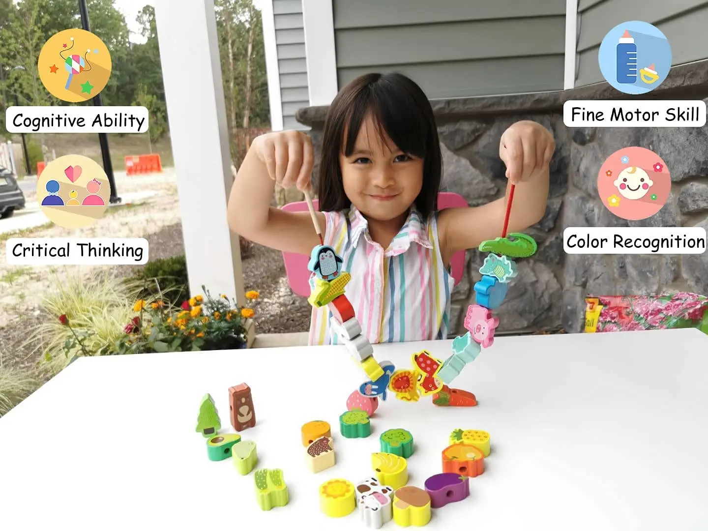 36pcs Wooden Toys Baby DIY Toy Cartoon Fruit Animal Stringing Threading Wooden beads Toy Monterssori Educational for Kids