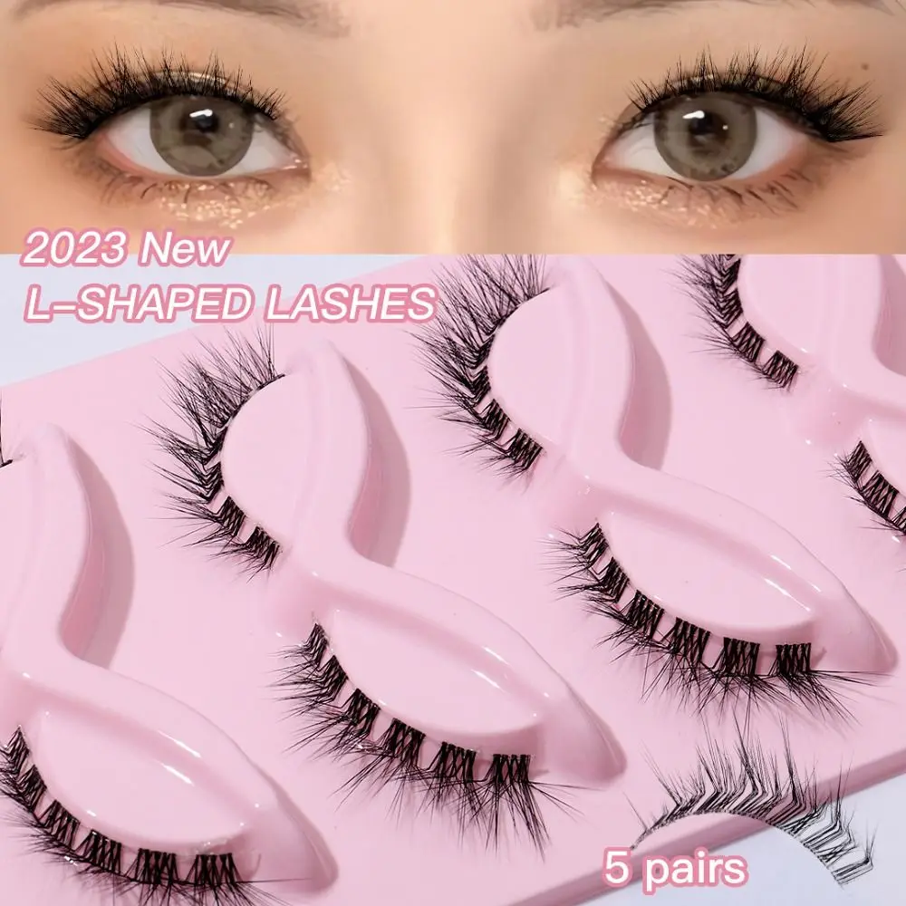 

5Pair L Shape Eyelashes Clear Band 3D Natural False Lashes Fluffy Soft Cross Manga Lashes Wispy Natural Eyelash Extension Makeup