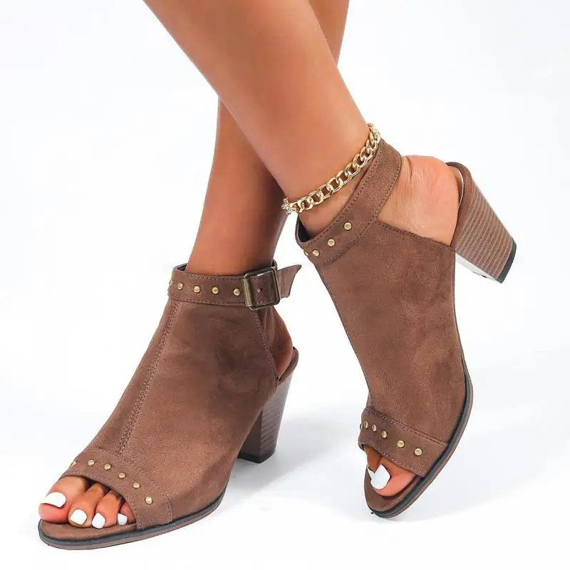 Ladies Sandals 2022 Summer Fashion Gladiator Square Heels High Heels Buckle Strap Women Solid Color Sandals Plus Size 35-43