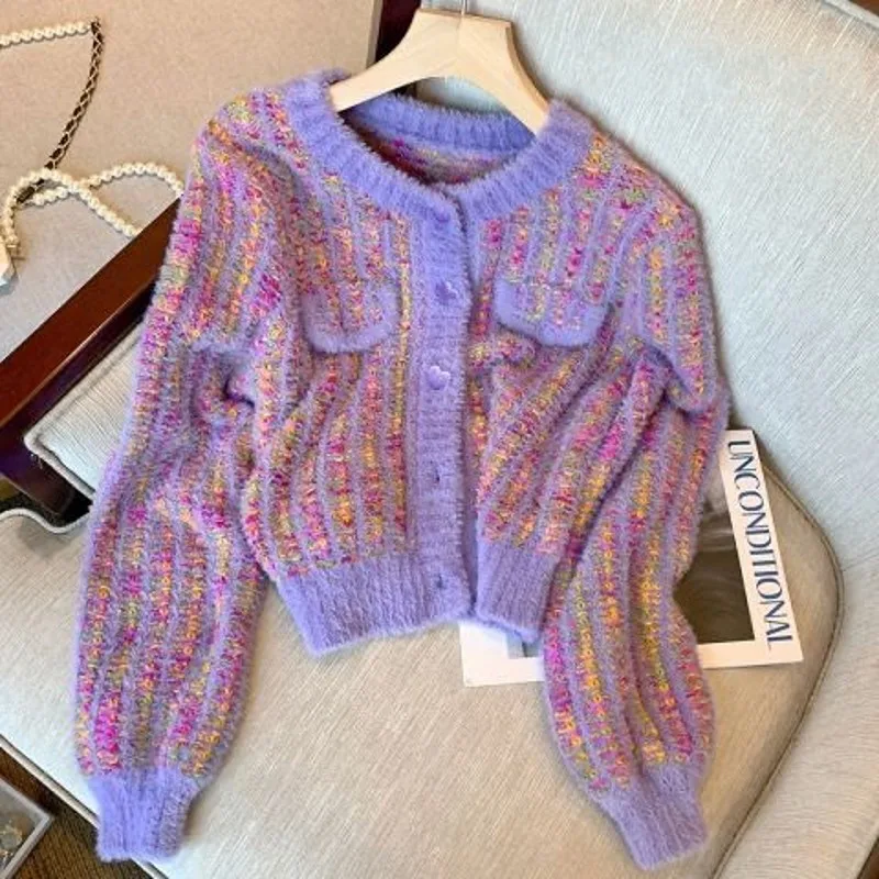 

Модный клетчатый женский кардиган, свитер, повседневная Осенняя укороченная вязаная куртка с круглым вырезом и длинным рукавом, корейский стиль, пуговицы, Женское пальто