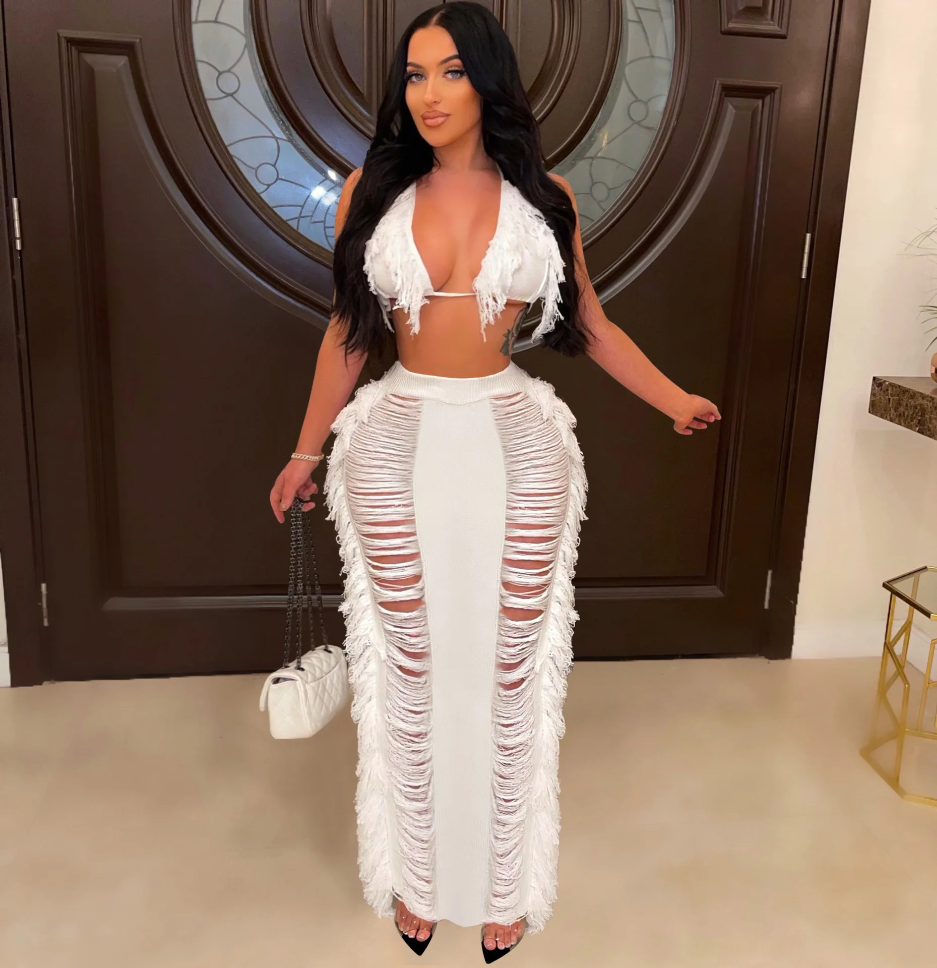 

Women Vocation Beach Dresses Tassel Knitted Two Piece Skirt Set Suits Lace Up Bra Top Hollow Out Maxi Skirts Fashion Outfits