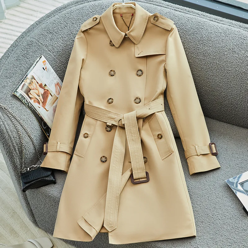 

Informal loose coat solid color fashion medium long B family trench woman Gabadian classic double breasted waist coat woman