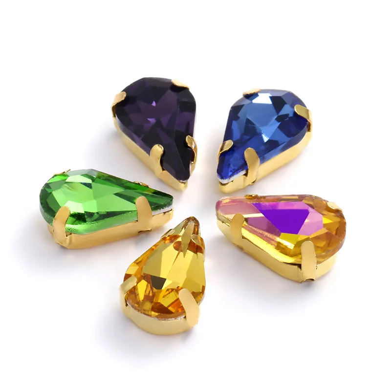 

30Pcs Glitter Tear Drop Shape Glass Rhinestones With Golden Claw Sewing On Crystals Stone Strass Diamond For Clothes Accessories