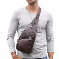 men first layer leather cowhide sling chest bag shoulder crossbody pack pouch business travel jogging with headphone cable hole