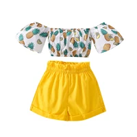 baby girls two piece casual set off shoulder pineapple lemon pattern print short sleeve tops elastic waist solid color shorts