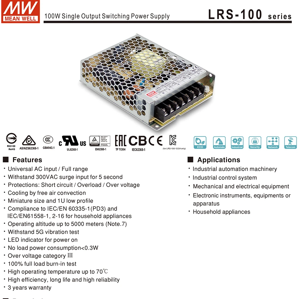 Средство питания переключения с одним выходом Mean Well LRS-100-48 85-264VAC TO DC 48V 2.3A 110.4W Минвелл ЛЕД-драйвер.