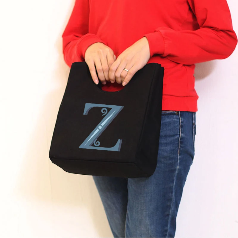 

Blue Letter Black Canvas Unisex Lunch Bag Refrigerated Tote Bag Portable Insulation Box Canvas Insulated Food Container Tote Bag