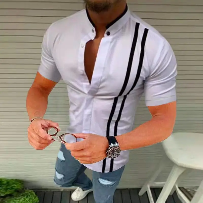 2022 Summer New Men's shirt Casual Striped Stand Collar Chemise Slim fit Men's Clothing Single Breasted Long Sleeve Dress Shirt