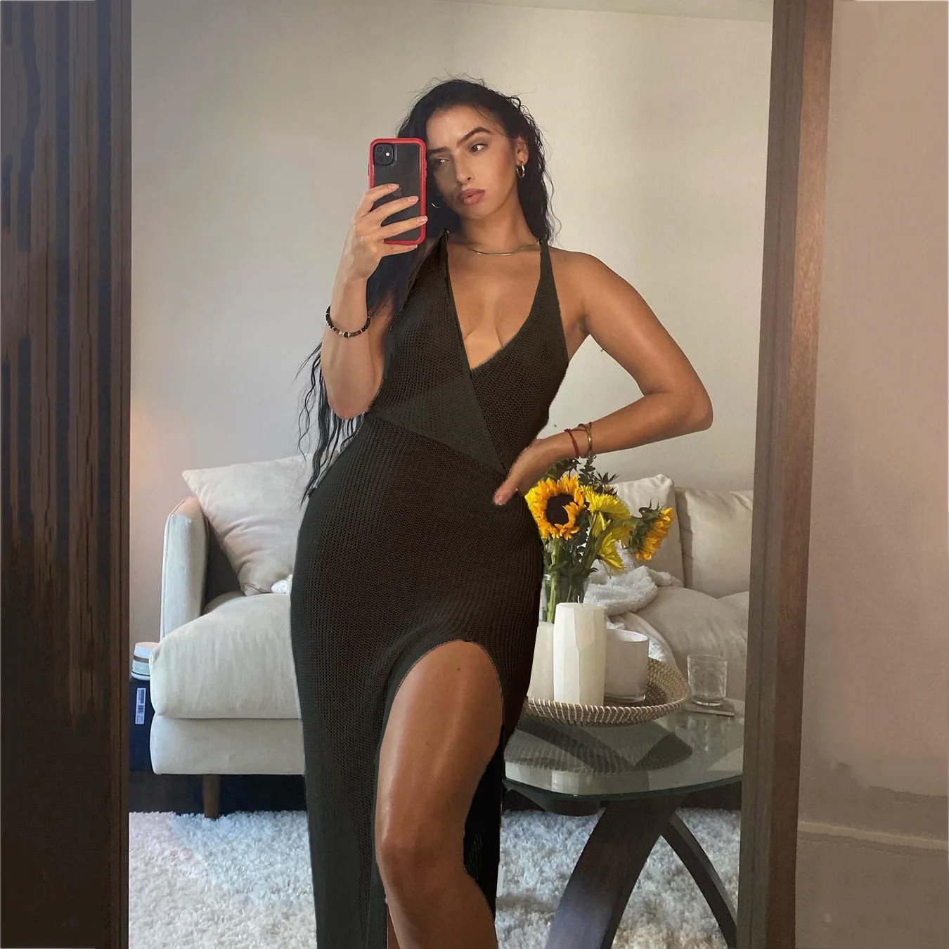 

Summer Knitted Maxi Dresses Sexy See Through Side Split Dress Beachwear Cover Up White Women Hollow Backless Fashion Aesthetic