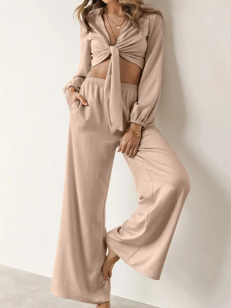 

Linad Khaki Pajamas For Women 2 Piece Sets Loose Long Sleeve Crop Top Casual Female Trouser Suits 2023 Autumn Solid Sleepwear