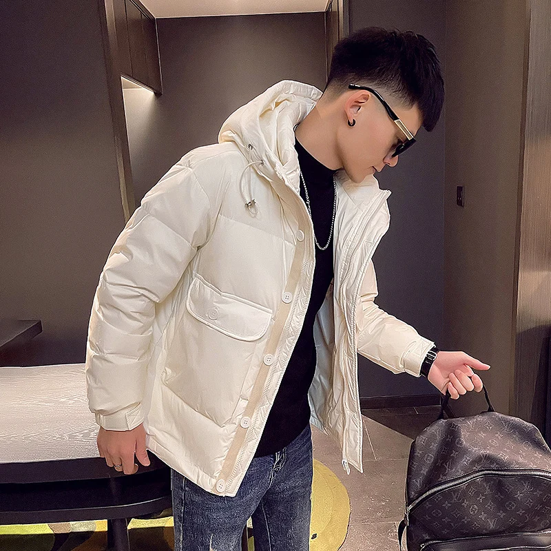 

2022 Men's Winter New Fashion White Duck Down Coats Male Short Pockets Hooded Outerwear Men Long Sleeve Warm Down Jackets V21