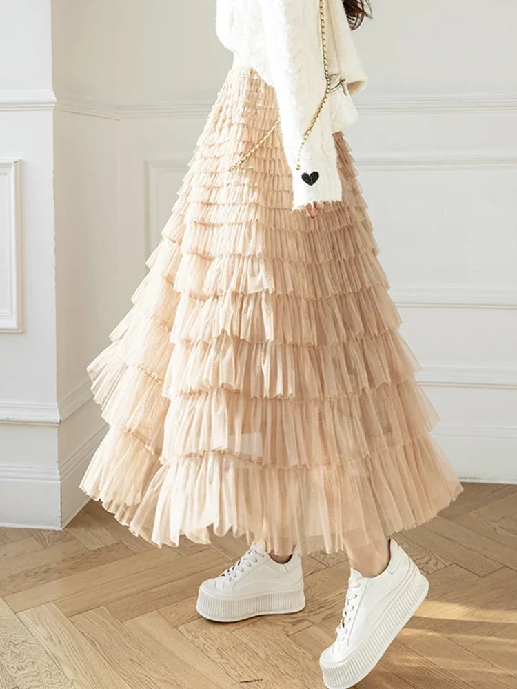 Qooth Осенняя сетчатая пышная длинная юбка в корейском стиле элегантная винтажная
