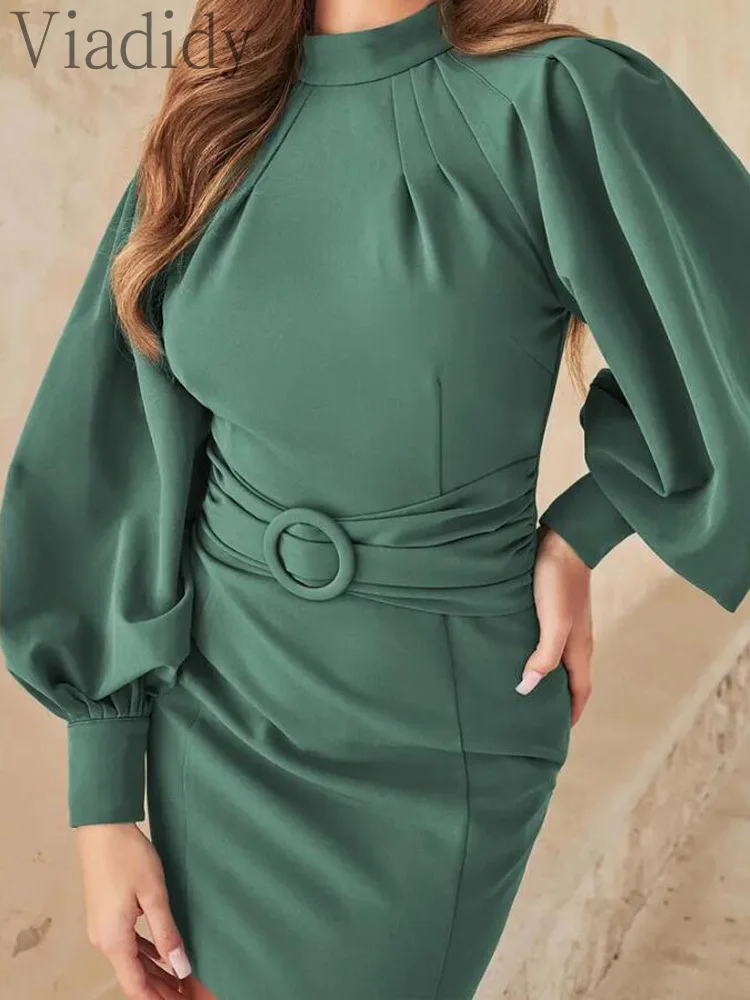 

Women Elegant Solid Color Lantern Sleeve Backless Zipper Button Detail Bodycon Dress