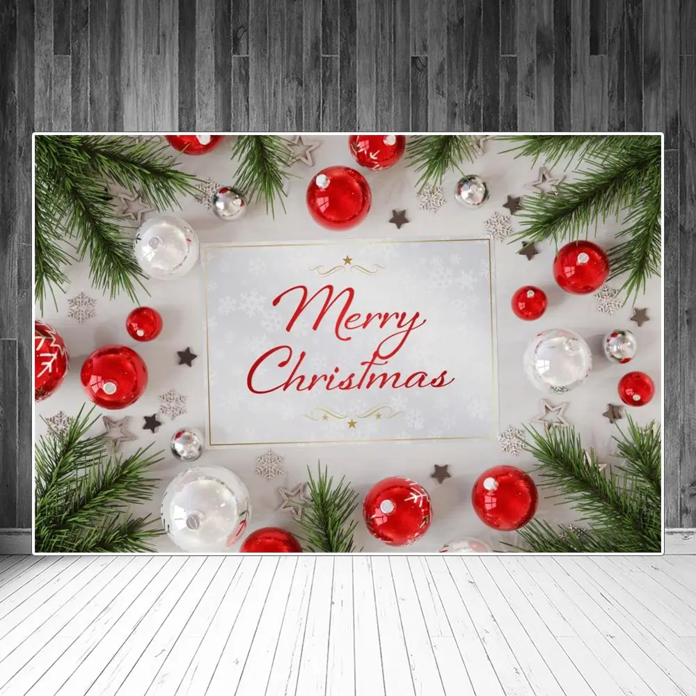 

Merry Christmas Ball Pine Twigs Photography Backdrops Banner Custom Party Home Decoration Photo Booth Photographic Backgrounds