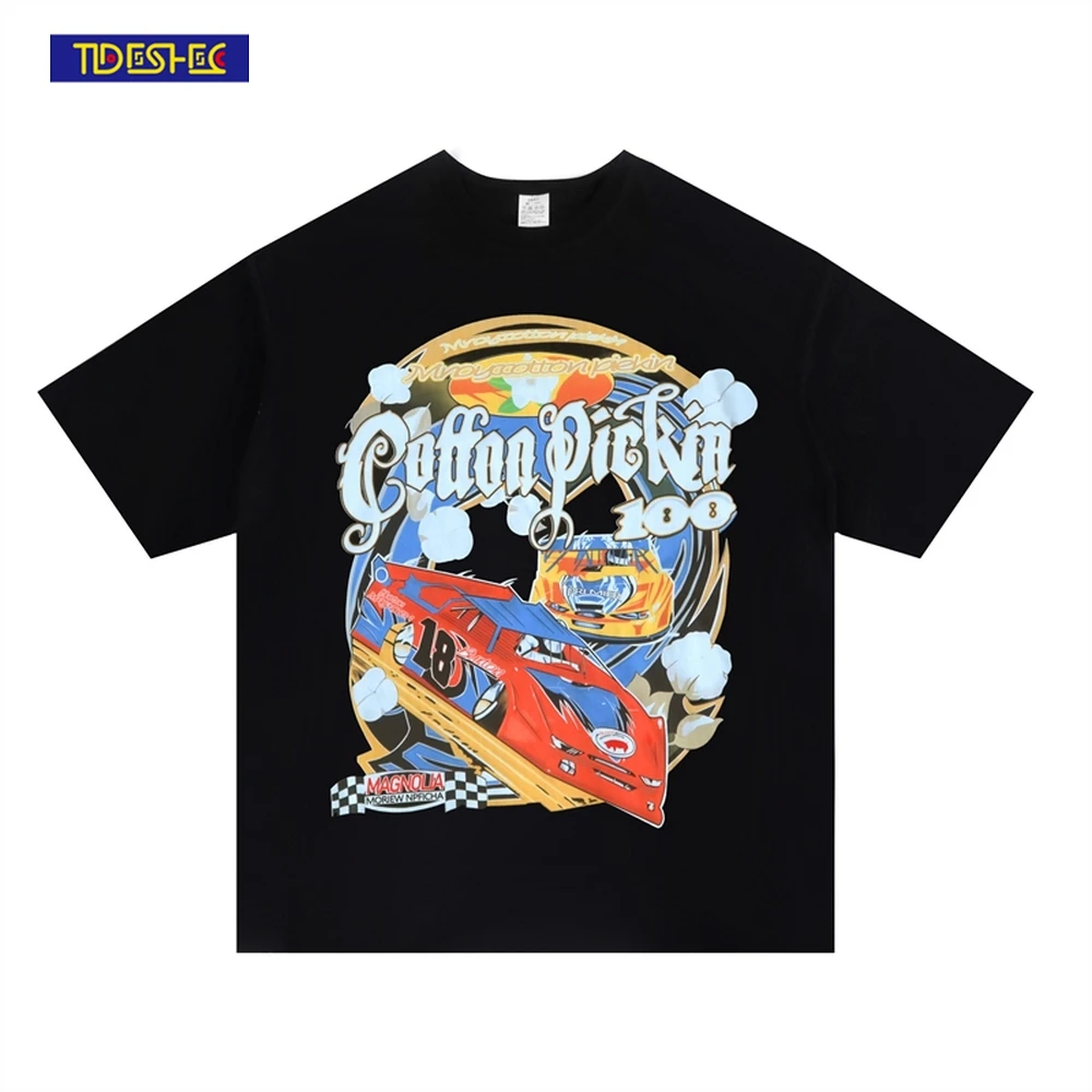 

Футболка мужская в стиле Харадзюку, уличная одежда, хлопковая тенниска с принтом гоночных автомобилей, Повседневная Свободная майка в стил...