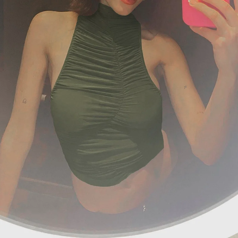 

Round Neck Sleeveless Smocked Slim Fit Cropped Navel Tank Tops Women Sleeveless Folds Crew Neck Tops Pleated Sexy Slim Crop Top