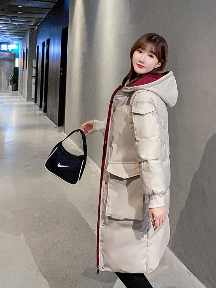 Coat Women Winter Jacket Solid Color Thickened Cotton Coat Zipper Hooded Cotton Jacket Loose Coat Long Parkas Female Clothing
