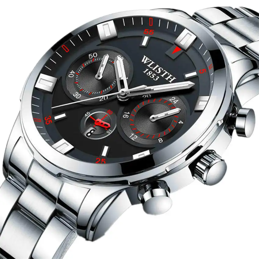 

WLISTH Man Watches Men Stainless Steel Wrist Watch Genuine Brand Quartz Clock Waterproof Wristwatch Simulate Three Eyes Relogios