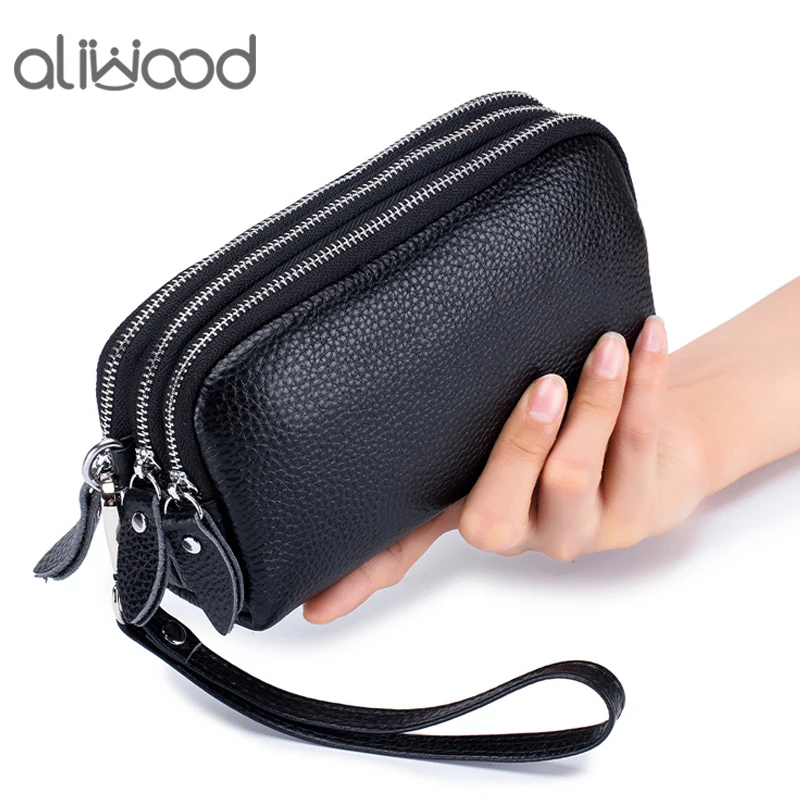 Aliwood First Layer Cowhide Women's Clutch Bag Genuine Leather Wallet Three-Layer Zipper Large-Capacity Long Wallets Phone Bags