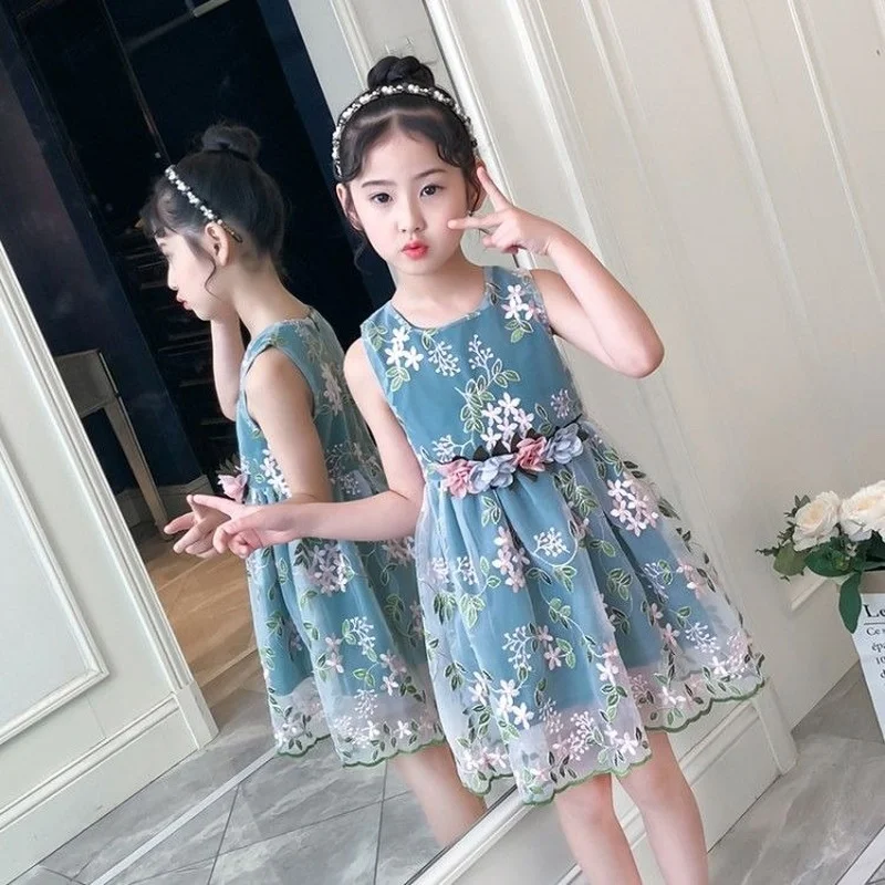 

New Summer Girls Dress Party Dresses Student Fashion 2-12 Years Old Kids Casual Sleeveless Floral Embroidery Voile Dress Parties