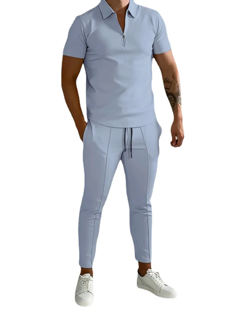 Men's Tracksuit Spring Turn Down Solid Polo Shirts and Sweatpants Short Sleeve 2 Piece Set Male Summer Regular Fit