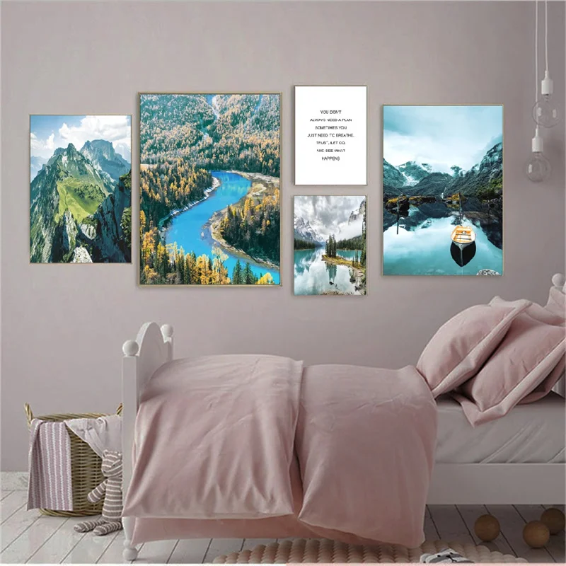 

Mountain Foggy Forest Poster Birch Tree Picture Wall Art Canvas Painting Nordic Lake Boat Poster for Bedroom Home Decor