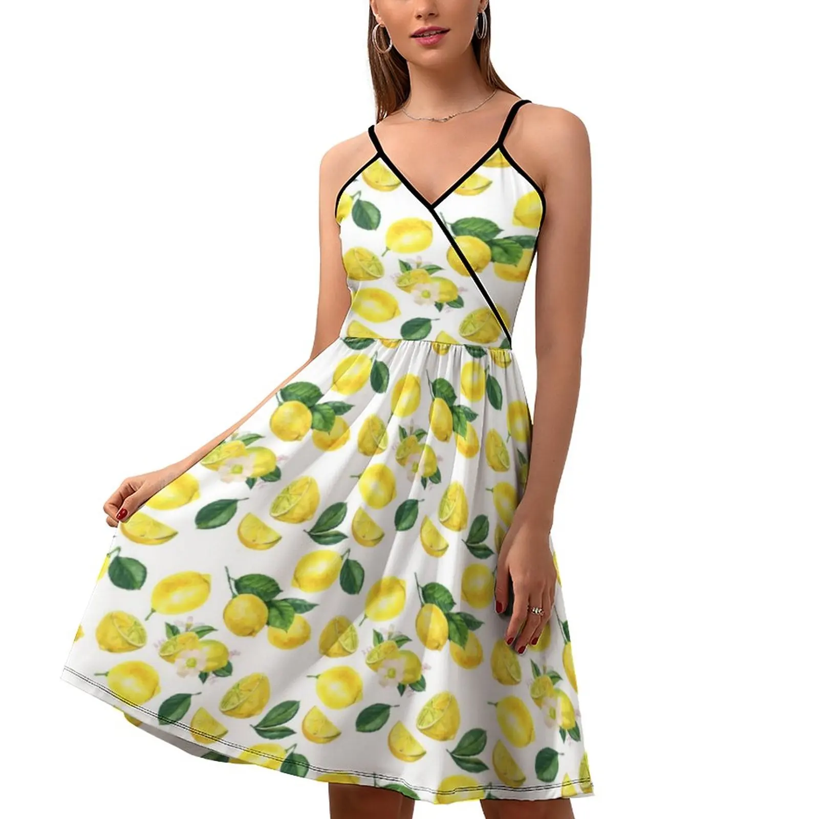 

Watercolor Fruit Pattern Dress Yellow Lemons Print Korean Fashion Casual Dress Summer Dresses Strap Pretty Clothing Plus Size