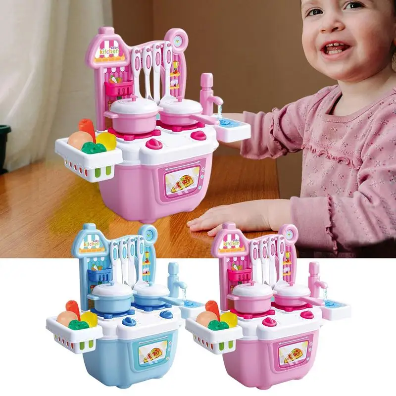 

Kitchen Play house Cooktop Set with Water Cycle System Children Pretend Role Play with Vegetables Draining Basket Tablewares