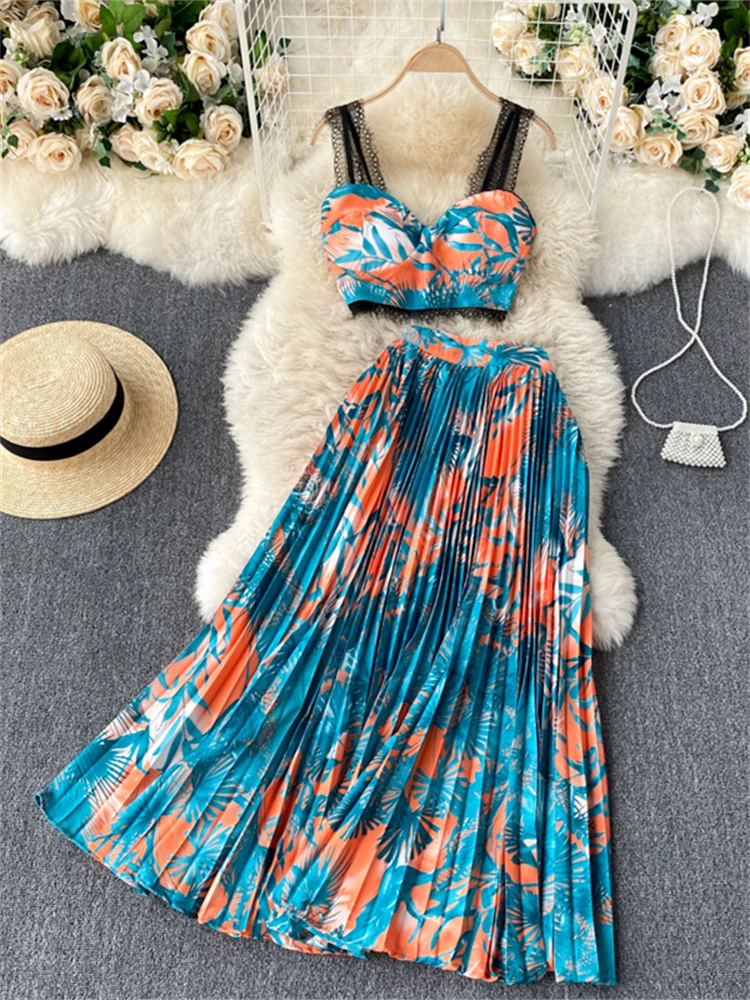 Женский комплект с юбкой в стиле бохо, укороченный топ с цветочным принтом и плиссированная юбка миди с завышенной талией, пляжный комплект из 2 предметов