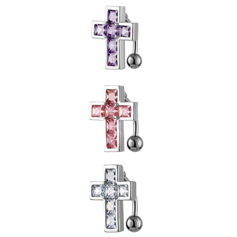 

Delicate Dangled Belly Button Rings Surgical Steel Bar Navel Piercing Ring Crystal Zircon Cross Hanging Belly Ring 2023 Hot Sell