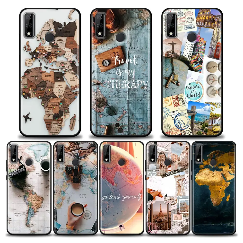 

World Map Travel Phone Case for Huawei Y6 Y7 Y9 2019 Y5p Y6p Y8s Y8p Y9a Y7a Mate 10 20 40 Pro RS Case Soft Silicone