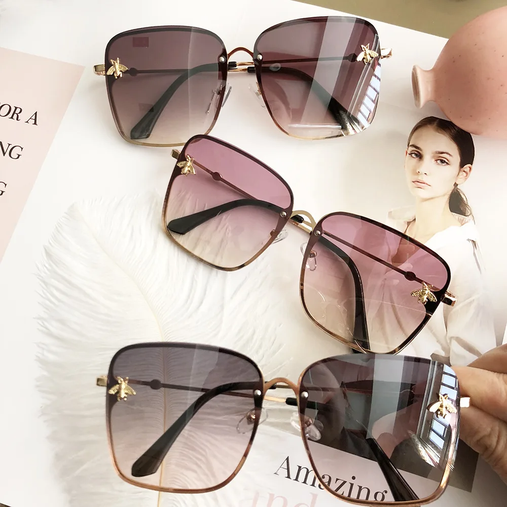 

2022 New Fashion Lady Oversize Rimless Square Bee Sunglasses Women Men Small Bee Glasses Gradient Sun Glasses Female UV400