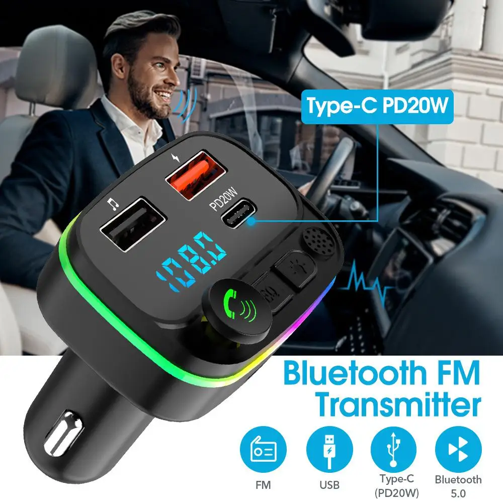 

Car Bluetooth5.0 Fm Transmitter Mp3 Player Handsfree Kit Type-C Dual USB 3.1A Adapter Pd 20w Fast Charging Plug B2 Led Backlight