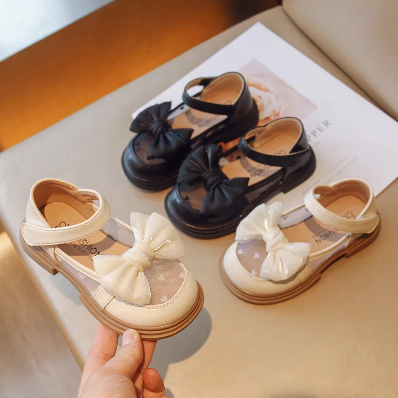 

Spring Summer New Children's Mesh Breathable Baotou Anti Kick Beach Shoes Girls' Solid Bow Casual Anti Slip Sandals