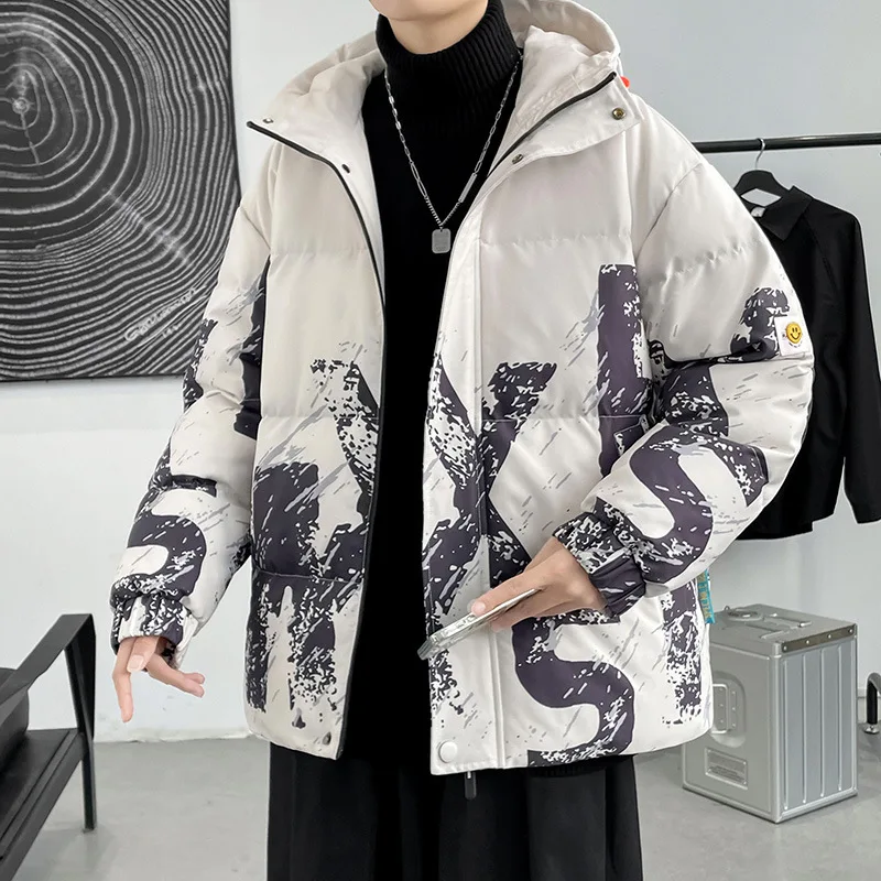 2022 Winter New Letter Printed Korean Long Section Oversized Parka Men Thickened And Velvet Parka Warm Jacket Cotton Down Jacket