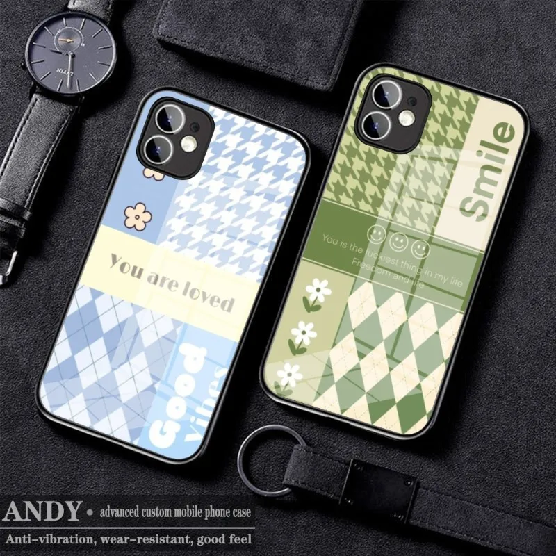 

INS Korean Lattice Simplicity Phone Case Glass for IPhone 11 12 13 14 Pro XR XS MAX 8 X 7 14 Plus SE 13 Pro Design Iphone Covers