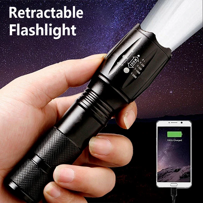 

Powerful T6 LED Flashlight Aluminum Alloy Zoom Flashlight Portable Torch USB Rechargeable Outdoor Camping Tactical Flash Light