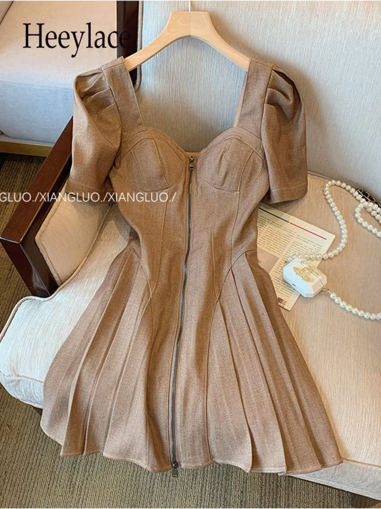 

Summer Knee-Length Dress For Women Fashion Sexy Puff Sleeve Square Collar Solid Silm High Quality Dresses Women Clothing