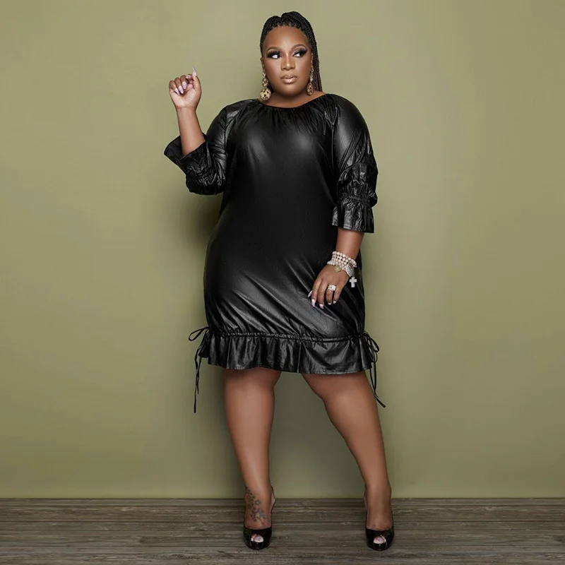 Plus Size Pu Leather Women Ruffles Casual Dress Big Size Round Neck Short Sleeves Black Party Dresses 3xl 4xl 5xl 6xl