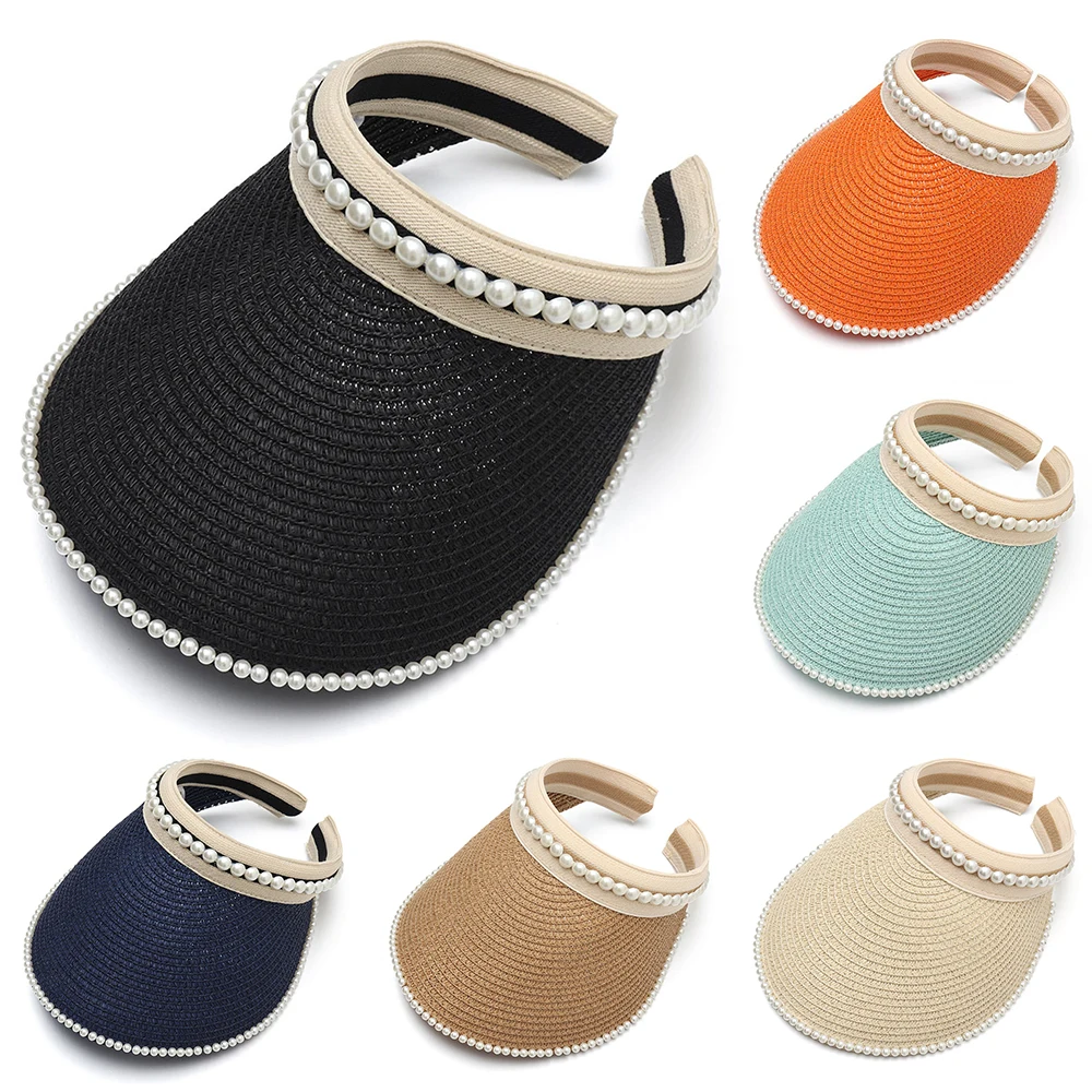 

Шляпа женская Соломенная с широкими полями, пустая Панама от солнца с жемчугом, с защитой от ультрафиолета, Пляжная Шапка цвета хаки, черног...